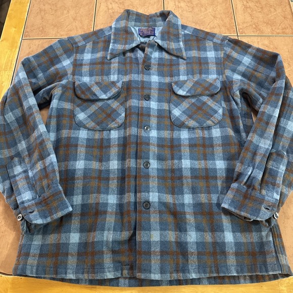 VTG Pendleton Board Shirt Blue Plaid Wool Flap Pockets Loop Collar Men's Sz Med